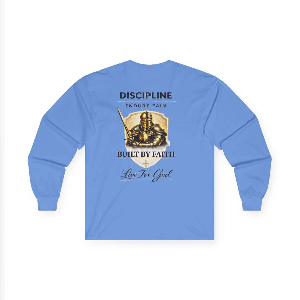 Discipline Built by Faith Christian Long Sleeve Tee – Armor of God Graphic Shirt
