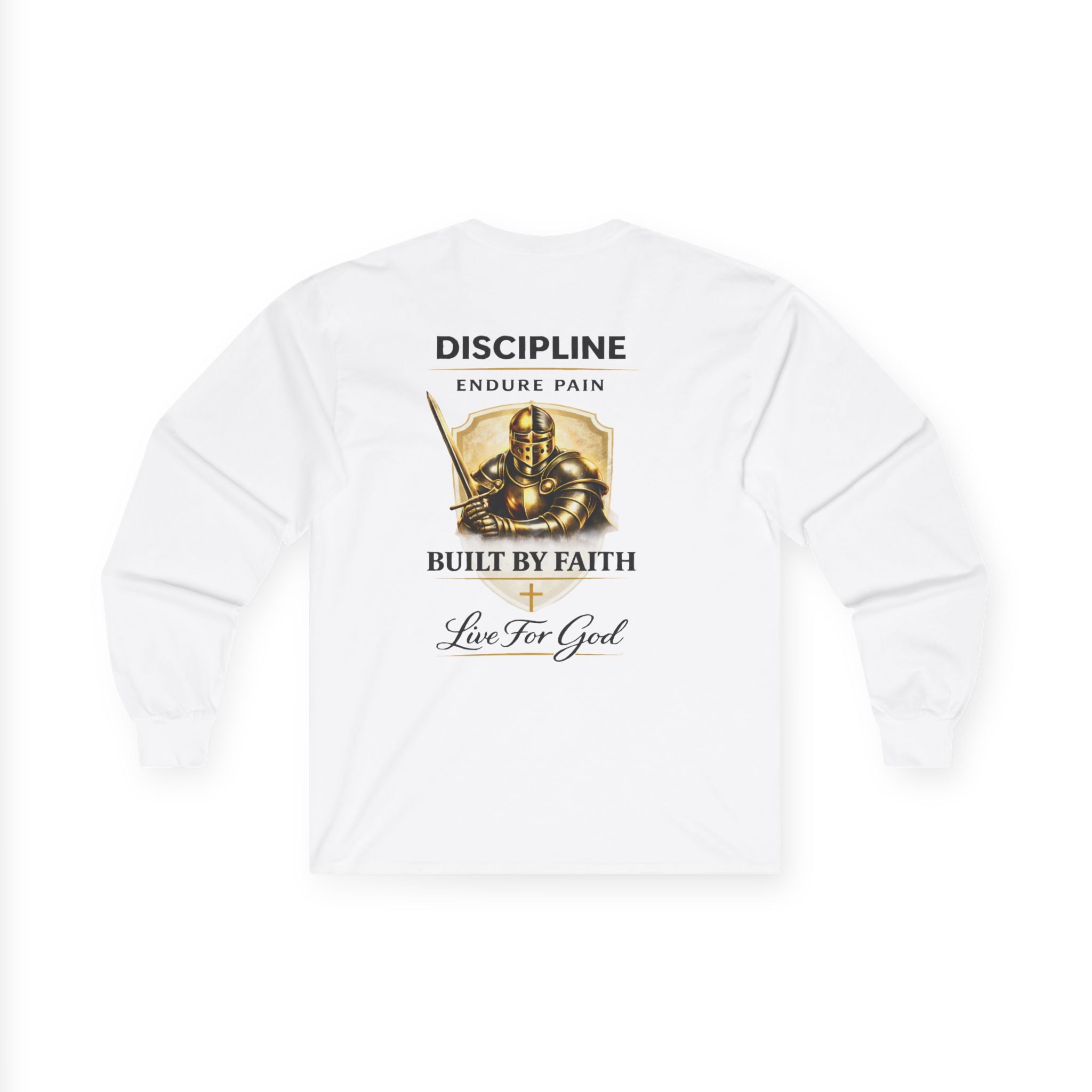 Discipline Built by Faith Christian Long Sleeve Tee – Armor of God Graphic Shirt