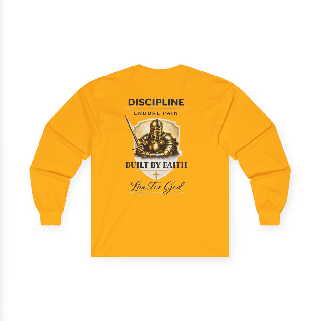 Discipline Built by Faith Christian Long Sleeve Tee – Armor of God Graphic Shirt