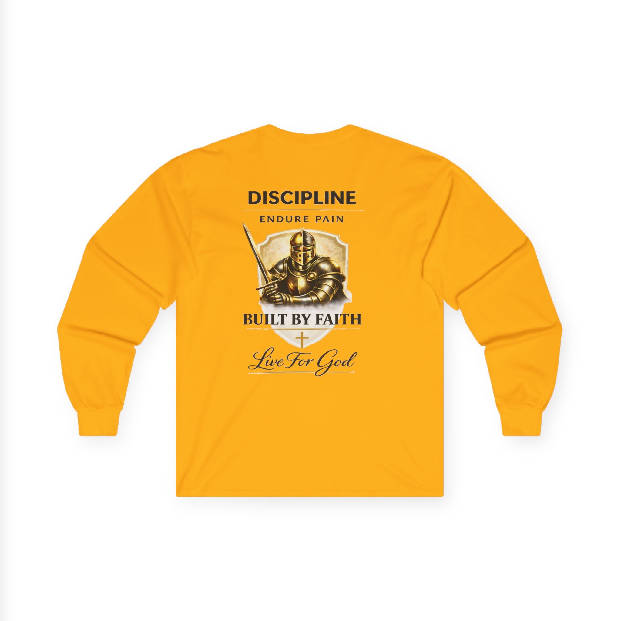 Discipline Built by Faith Christian Long Sleeve Tee – Armor of God Graphic Shirt