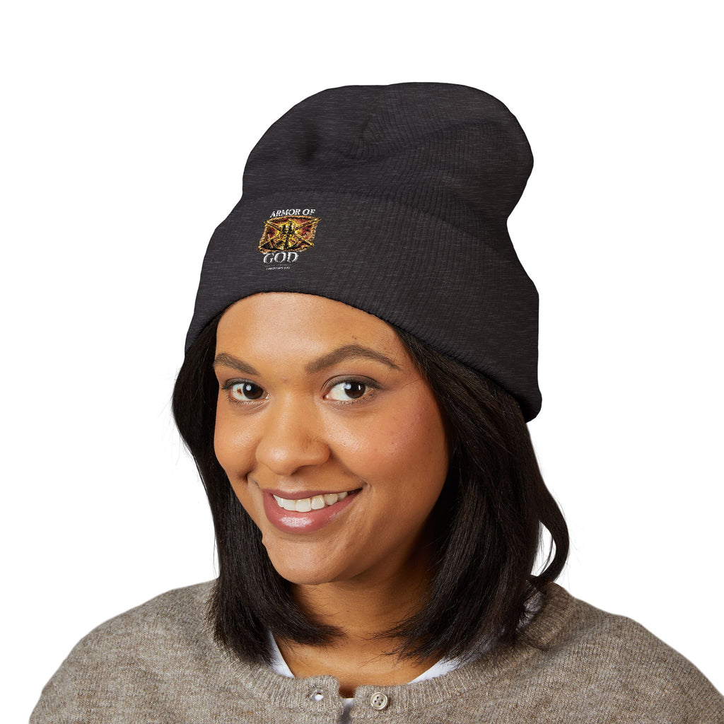 Armor of God Christian Beanie – Embroidered Lion Patch Cuffed Hat