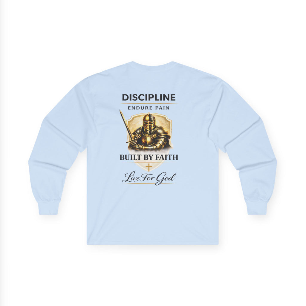 Discipline Built by Faith Christian Long Sleeve Tee – Armor of God Graphic Shirt