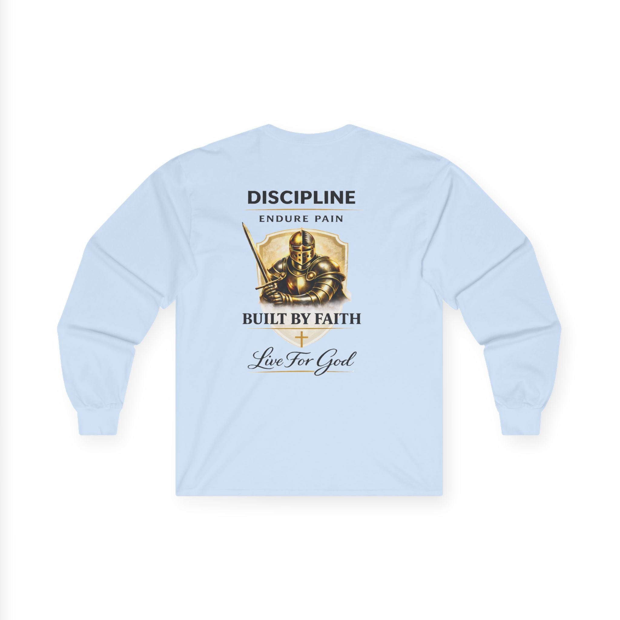 Discipline Built by Faith Christian Long Sleeve Tee – Armor of God Graphic Shirt