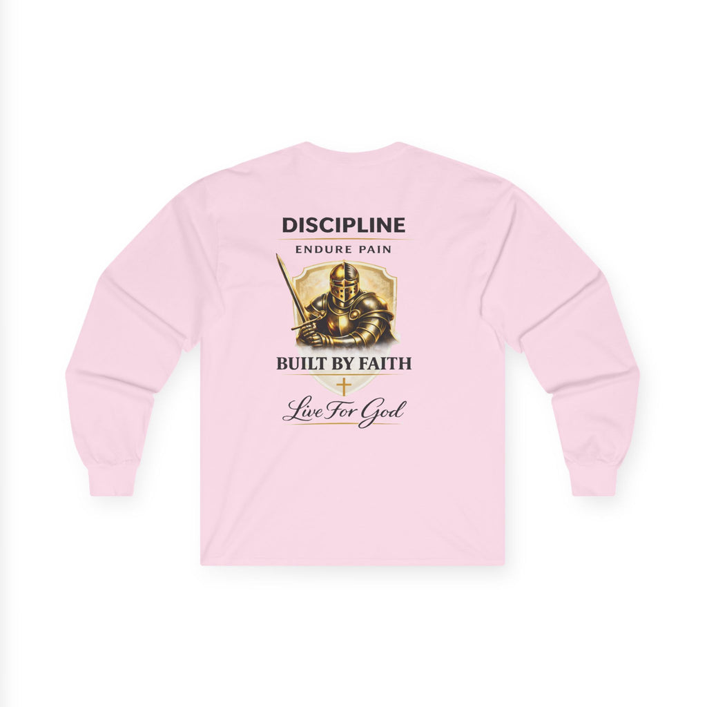 Discipline Built by Faith Christian Long Sleeve Tee – Armor of God Graphic Shirt
